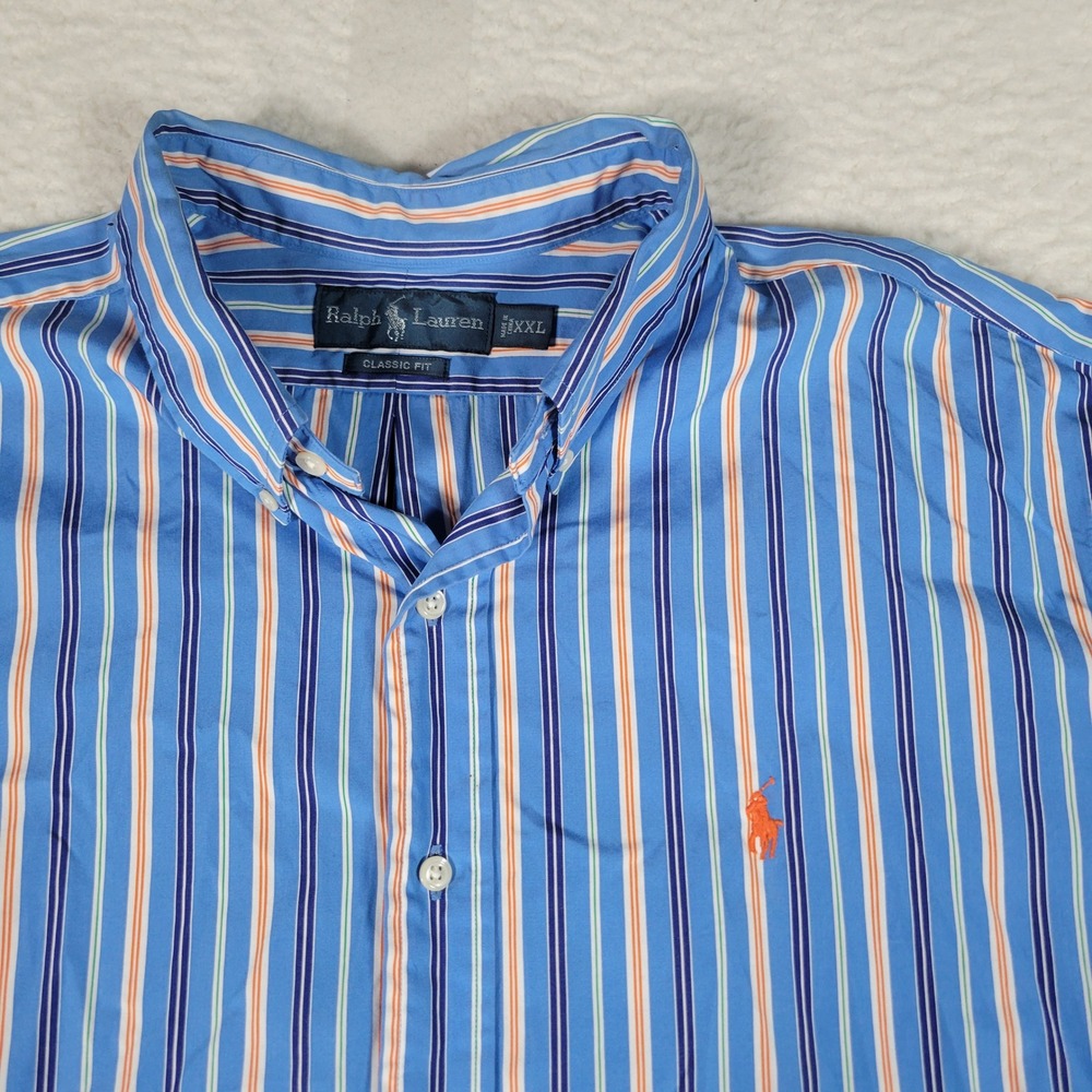 Ralph Lauren Shirt Mens XXL Blue Orange Stripe Classic Fit Long Sleeve Pony Logo